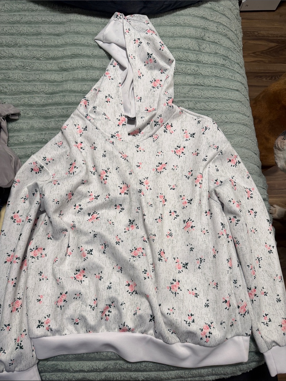 SHEIN White Hoodie Sweater with Pink Floral Print